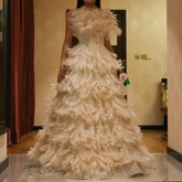Feathers Princess Ball Gown Cream Evening Dress